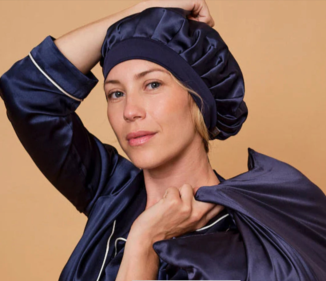 Bonnet de nuit pure soie - Bleu Nuit